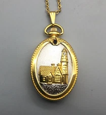 Thomas Kinkade Locket Watch Necklace Gold Tone with Chain New Battery
