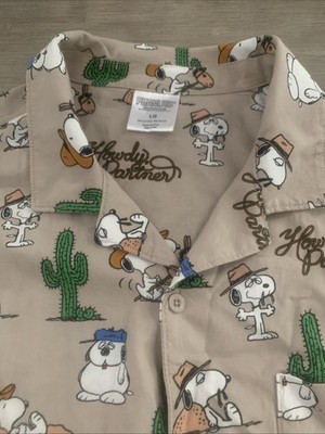 Rare Snoopy Cowboy Tan Button Shirt Sz Large Howdy Partner Peanuts Western Sz L