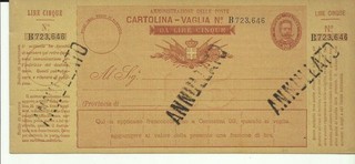 CARTOLINA VAGLIA 5 LIRE ANNULATO