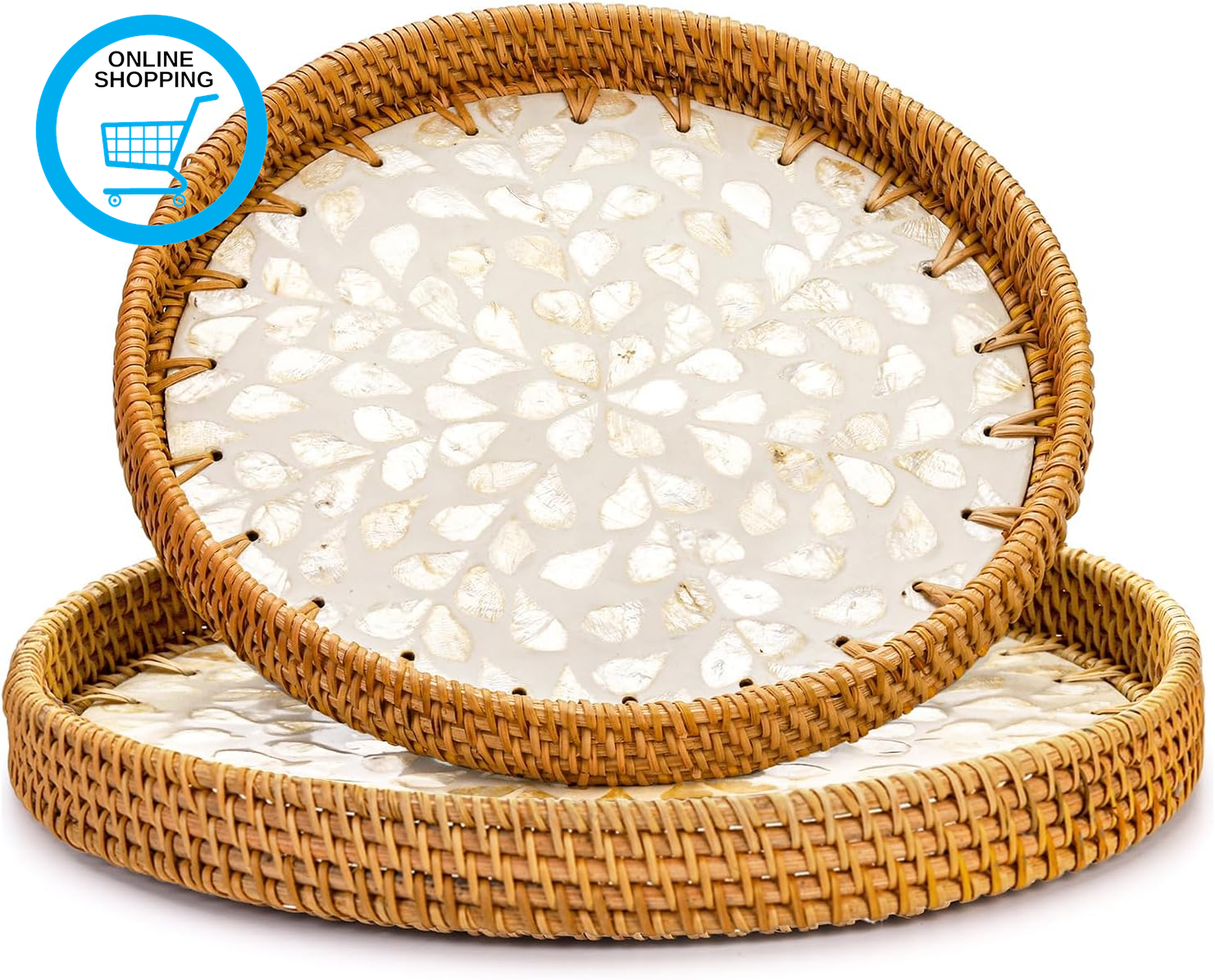 2 Pack round Rattan Tray with Mother of Pearl Inlay, Rattan Serving Tray with Wo