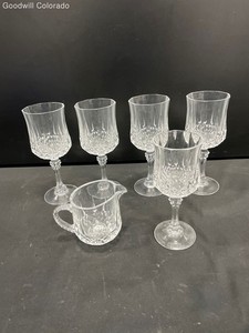 Clear Crystal Cut Pattern Water Goblets And Creamer Set Of 6 Glassware