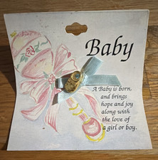 Baby Keepsake Gift Card w/ Gold Tone Baby Shoe Pin/Charm, White Pink Gold