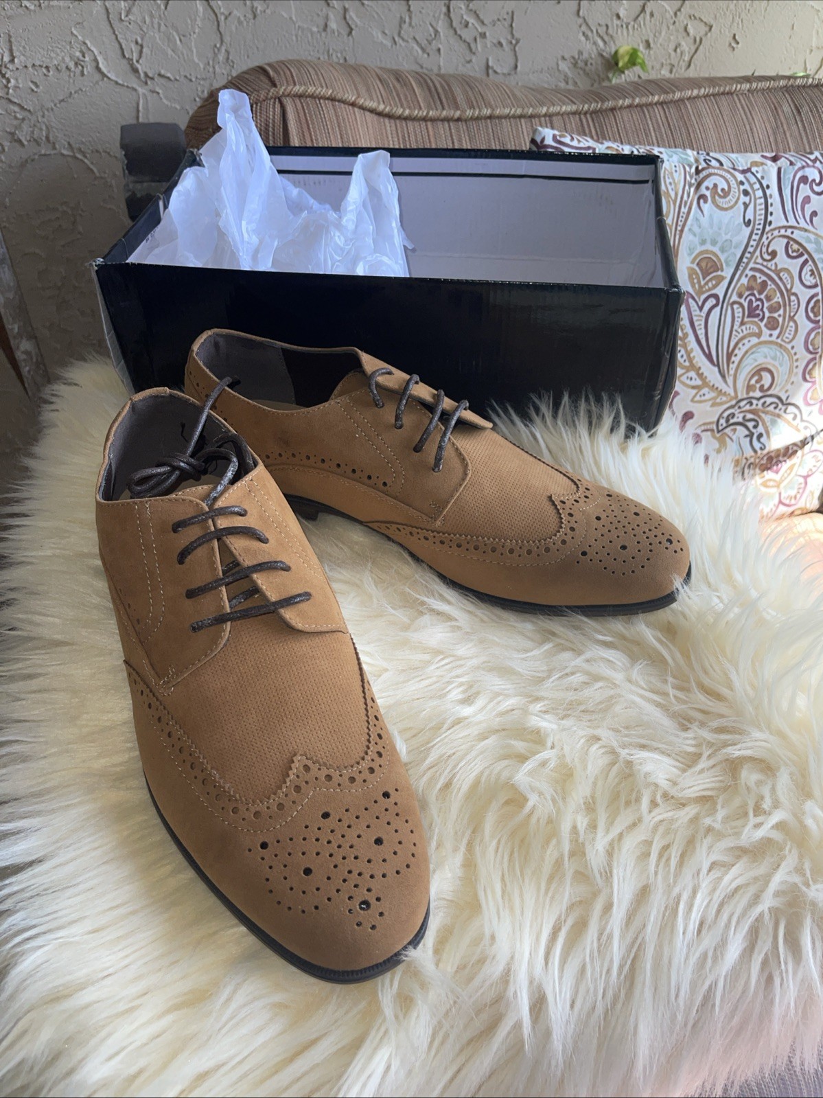 SAOLA Mocassini scarpe Boohoo uomo TAN in finta pelle scamosciata con lacci nuovi senza scatola taglia 10