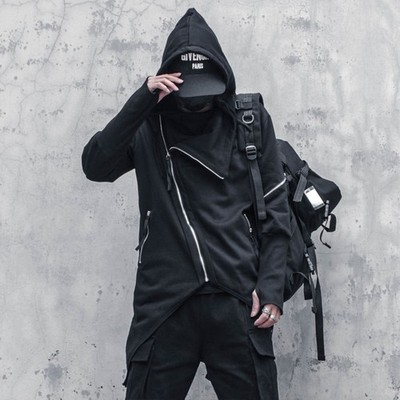 Korean Asymmetrical Jacket Gothic Coat Men's Hooded Diagonal Zipper Cloaks Cape