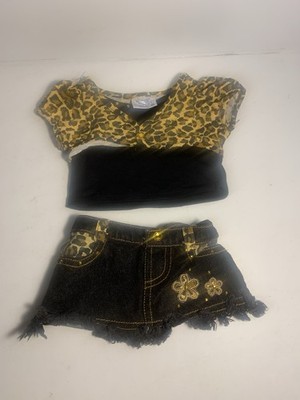 Build A Bear Leopard Cheetah Print Rhinestone Denim Skirt and Shirt Outfit