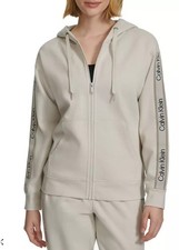 Calvin Klein Performance Women Logo Tape Fleece Zip Hoodie Porcini Beige XXL NEW