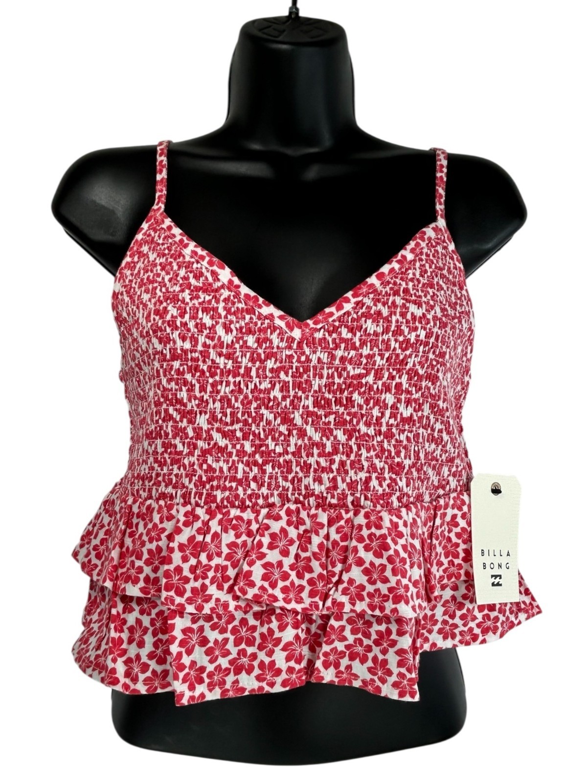 BILLABONG Stay Cool Cami Tank Top Sz L Red White Floral Smocked Ruffle Crop Top
