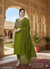 3 PCS Olive Kurta Pant Dupatta Set For Women Pure Cotton Gift
