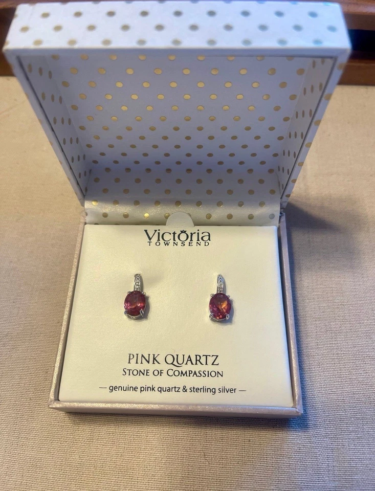 Pendientes colgantes y anillo de plata de ley de cuarzo rosa genuino y diamantes ~ ¡NUEVO EN CAJA! Foto 3 de 4