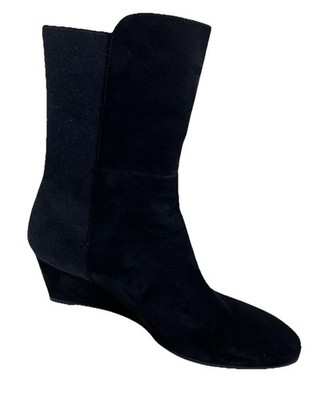 Stuart Weitzman Beatrice Black Suede Almond Toe Wedge Midi Ankle Boots Size 10.5
