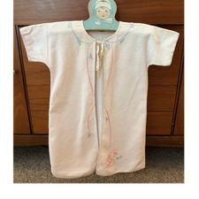Vintage White Cotton Baby Gown Embroidered Bunny Floral Ribbon Tie, OS