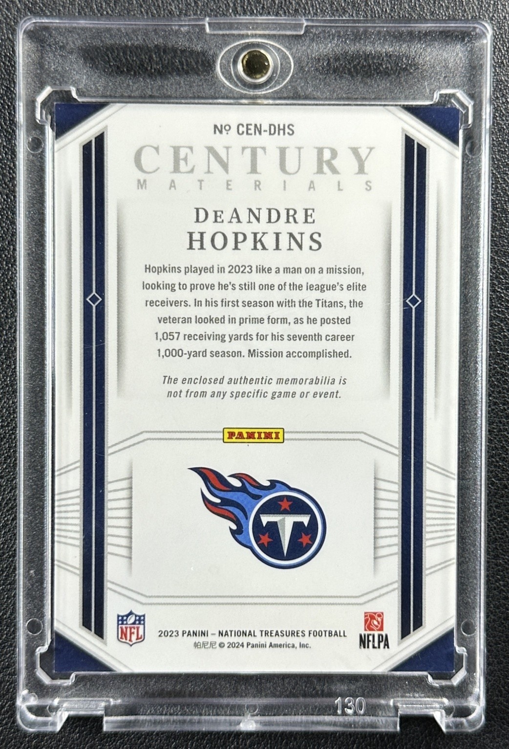 DEANDRE HOPKINS 2023 NATIONAL TREASURES CENTURY NFL SHIELD PATCH PLATINUM 1/1 view 2