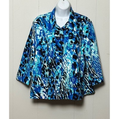 Erin London Women's Blue Animal Print Button Front Jacket 3/4 Sleeve Size 1X