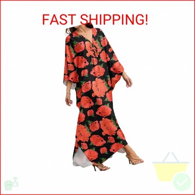 MAKABO Kaftan Maxi Dress for Women Black V Neck Moo Moos Casual Print Summer Bea