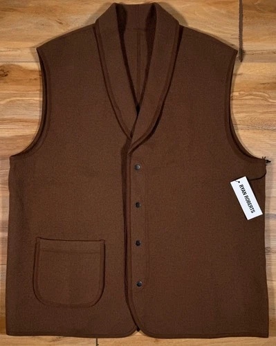 NWT Ryan Roberts Tobacco Brown Twisted Wool Knit Snap Shawl Collar Vest XL - product listing photo