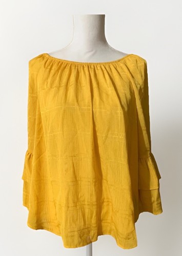 By & By Large Honey Yellow Plaid Boho Top Bell Ruffle Sleeves Sheer ...
