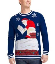 TIPSY ELVES SANTAS LOG ON THE FIRE UGLY CHRISTMAS SWEATER Men's Size 3XL BLUE