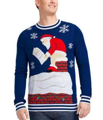 TIPSY ELVES SANTAS LOG ON THE FIRE UGLY CHRISTMAS SWEATER Men's Size 3XL  BLUE