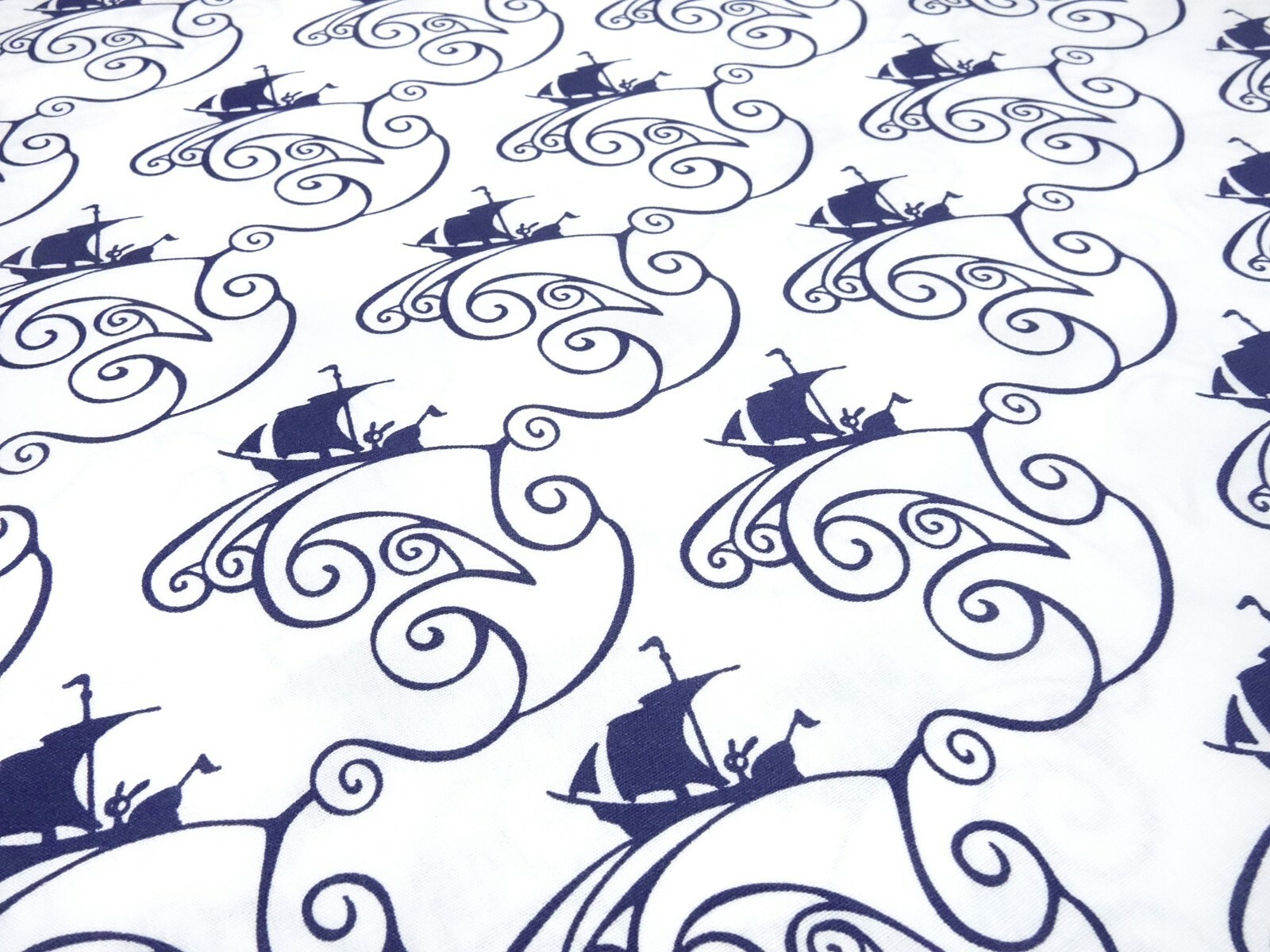 Cotton Poplin Fabric for Dresses and Blouses in White and Navy Blue Waves Print  
