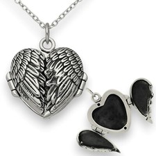 925 Sterling Silver Feather Angel Wings Locket Folded Wings Heart Necklace