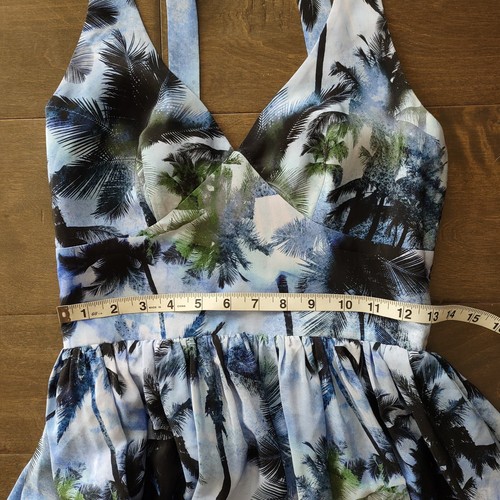 Amanda Uprichard Silk Palm Tree Print Fit and Flare Dress Halter Blue Medium - Picture 12 of 13
