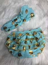 Lot of 20 Baby Girl Blue/Gold Ruffle Bottom Diaper Cover Bloomers and Headband
