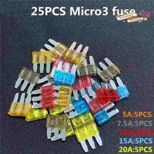 25PCS 5-20A Micro3 Fuse ATL Car Blade Fuses Assortment Kit 3 Prong Micro Blade