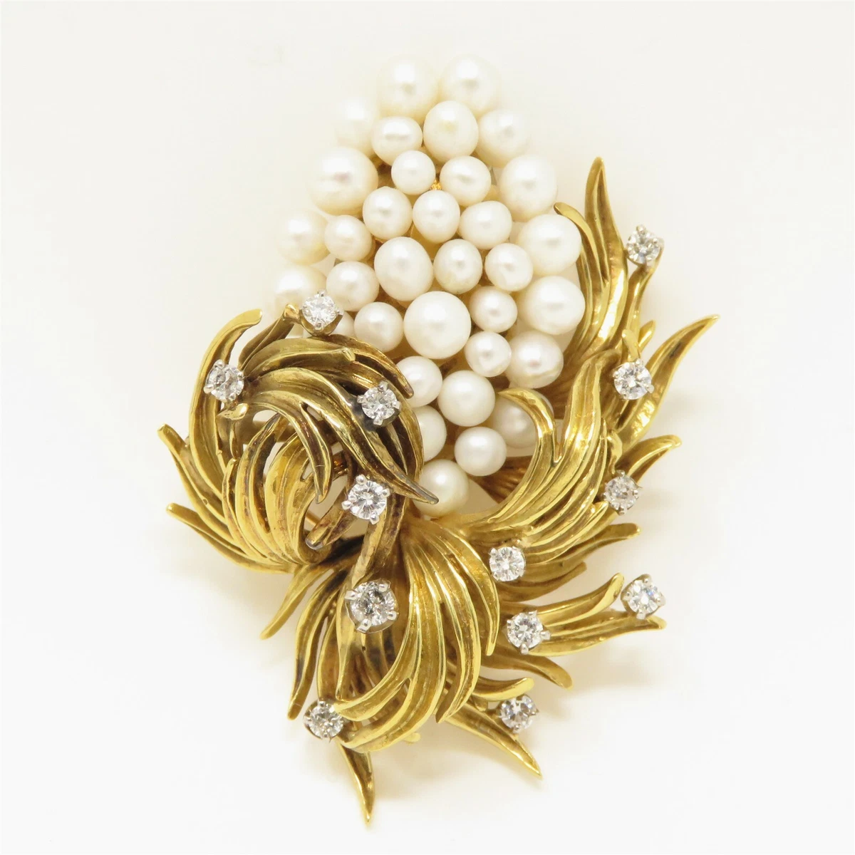 NYJEWEL E. Pearl 18k Yellow Gold Pearl & 13 Diamonds Pin Brooch