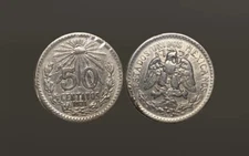MEXICO 1921-Mo 50 CENTAVOS SILVER PLATA Beautiful Coin (FM154)