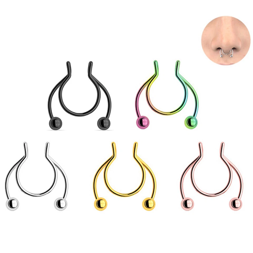 5Pcs Fake Horseshoe Nose Ring Hoop Faux Septum Rings Non-Piercing Clip on Hoops Foto 3 de 4