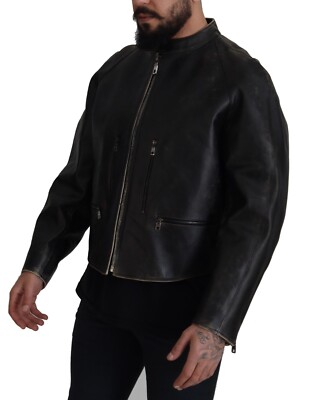 ジャケット・アウター Dolce&Gabbana Leather Moto Zip Jacket DOLCE & GABBANA Jacket Black Leather Zipper Biker Coat IT54