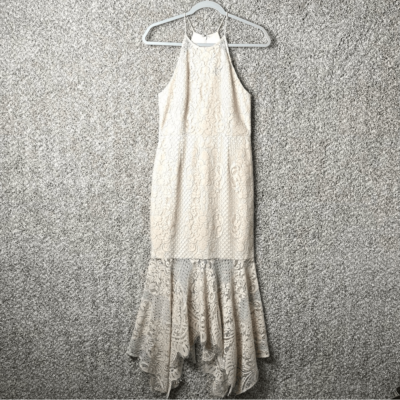 Shona Joy Dress Women's 4 Nude Lace High Neck Halter Handkerchief Midi |  eBay