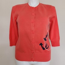 LL Bean Size Large Salmon Orange Nautical Anchor Button Up Cardigan Sweater