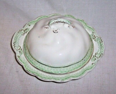 RARE JOHNSON BROTHERS LIDDED BUTTER DISH BOWL 1/2 X GREEN GOLD  TRIM