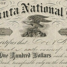 Scarce Stock Certificate 1874 "Atlanta National Bank" Eagle Vignette - VGC