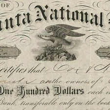 Scarce Stock Certificate 1874 "Atlanta National Bank" Eagle Vignette - VGC
