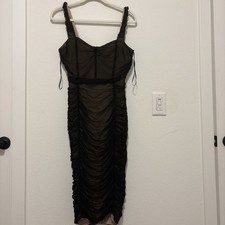 Charmed Hearts Black Mesh Ruched Strap Midi Bodycon Dress Sweetheart Neck Size L