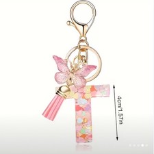 Pink Multicolor Butterfly T Letter Tassel Beaded Resin Metal Key Chain 4cm Women