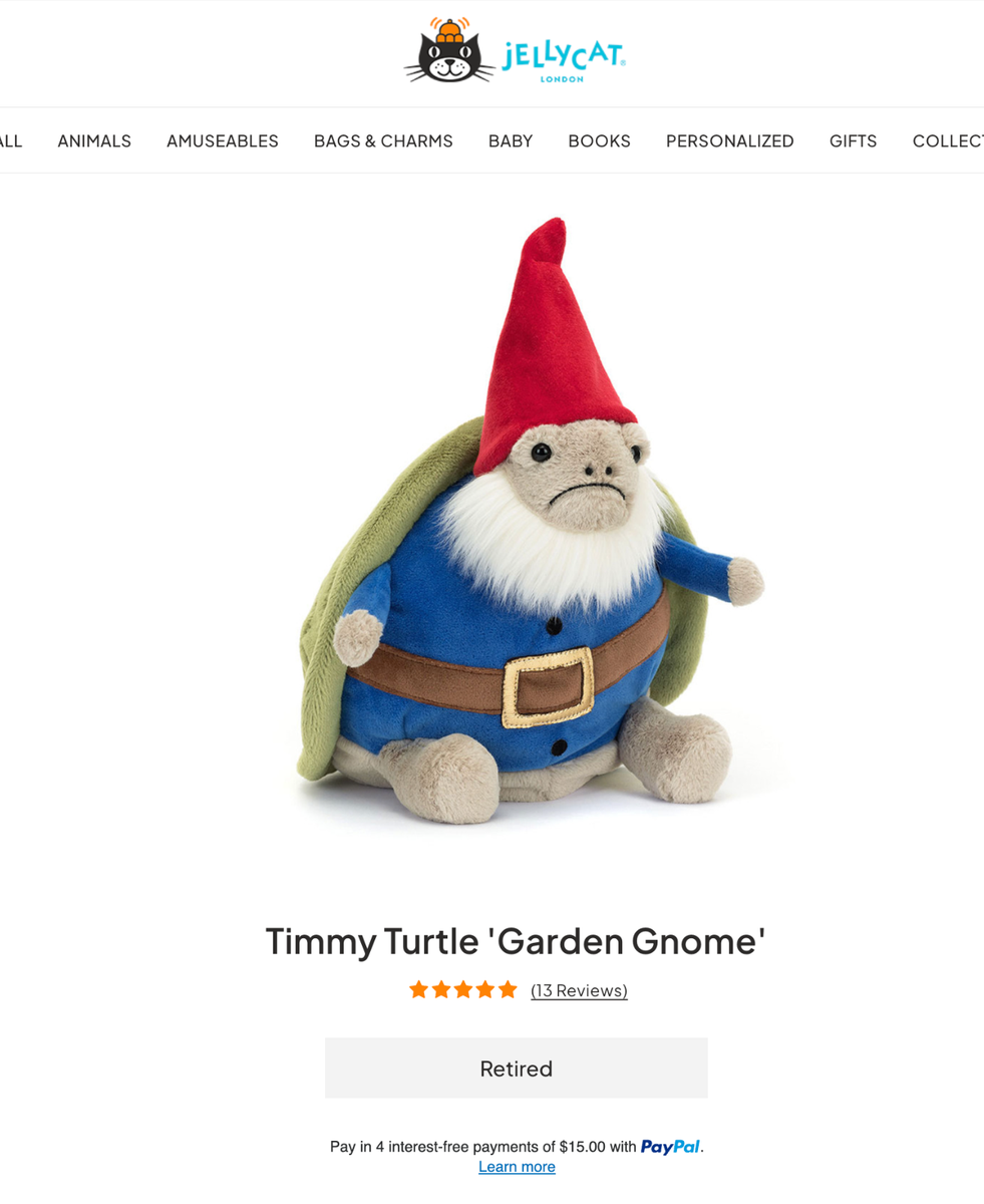 Jellycat Timmy Turtle 'Garden Gnome' BNWT - Retired Rare - 100