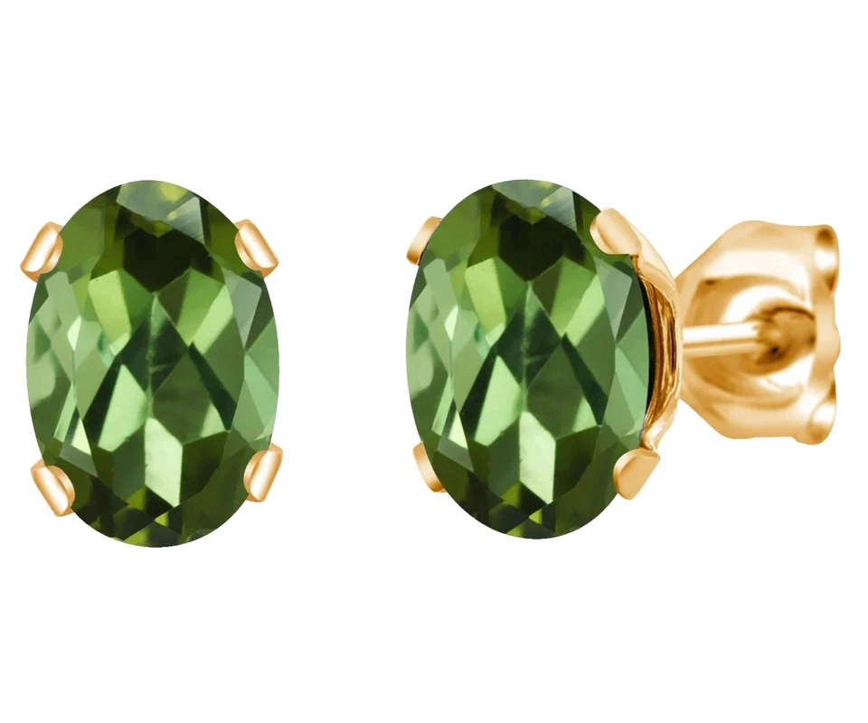 Aretes de plata 925 enchapados en oro amarillo corte ovalado turmalina verde de 1,50 quilates Foto 3 de 4