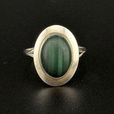 Sterling Malachite Ring Banded Dark Green Color Oval Cabachon Silver Frame Sz 7