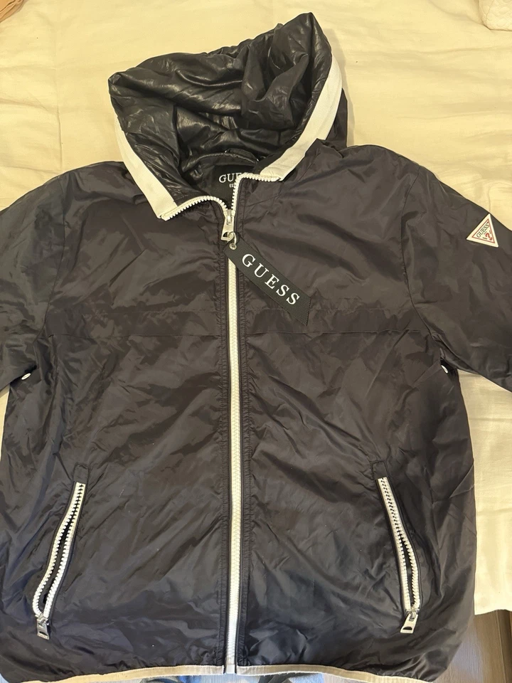 Guess 夹克男式大号风衣尼龙连帽全拉链灯 — 第 2/4 张图片