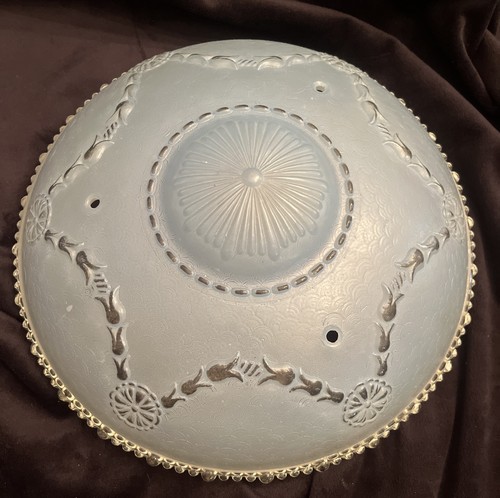 Vintage Glass Light Cover Blue Flower Scalloped Pattern Dome 11.25” 3 Hole Mount - Picture 2 of 8
