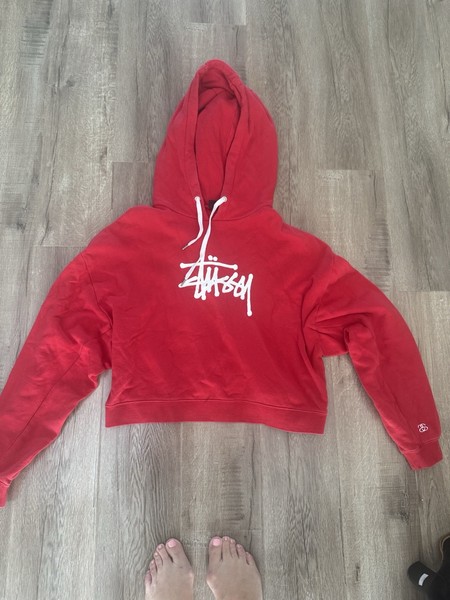 Stussy Womens 12 Cropped Red Hoodie Baggy Fit Heavyweight Cotton