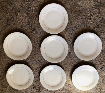 Seven 7 1/2'' Salad Plates from The Cellar White with Double Gold Trim