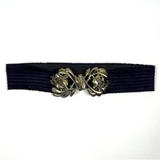 VTG 80s Waist Cincher Floral Buckle Belt Gold Hardware Navy Elastic Band Boho