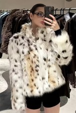 FAUX FUR SPOTTED LEOPARD JACKET FRONT POCKETS COLLARED NECK QUALITY FUR NWOT M/L
