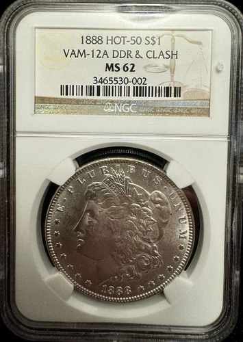 1888-P, HOT-50, VAM 12A, DDR & CLASH MORGAN, SILVER DOLLAR, NGC CERTIFIED, MS-62
