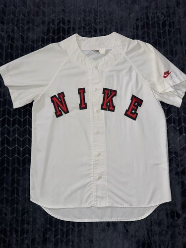 Vintage 90s Nike Spell Out Baseball Jersey Shirt Button Up White Sz Large