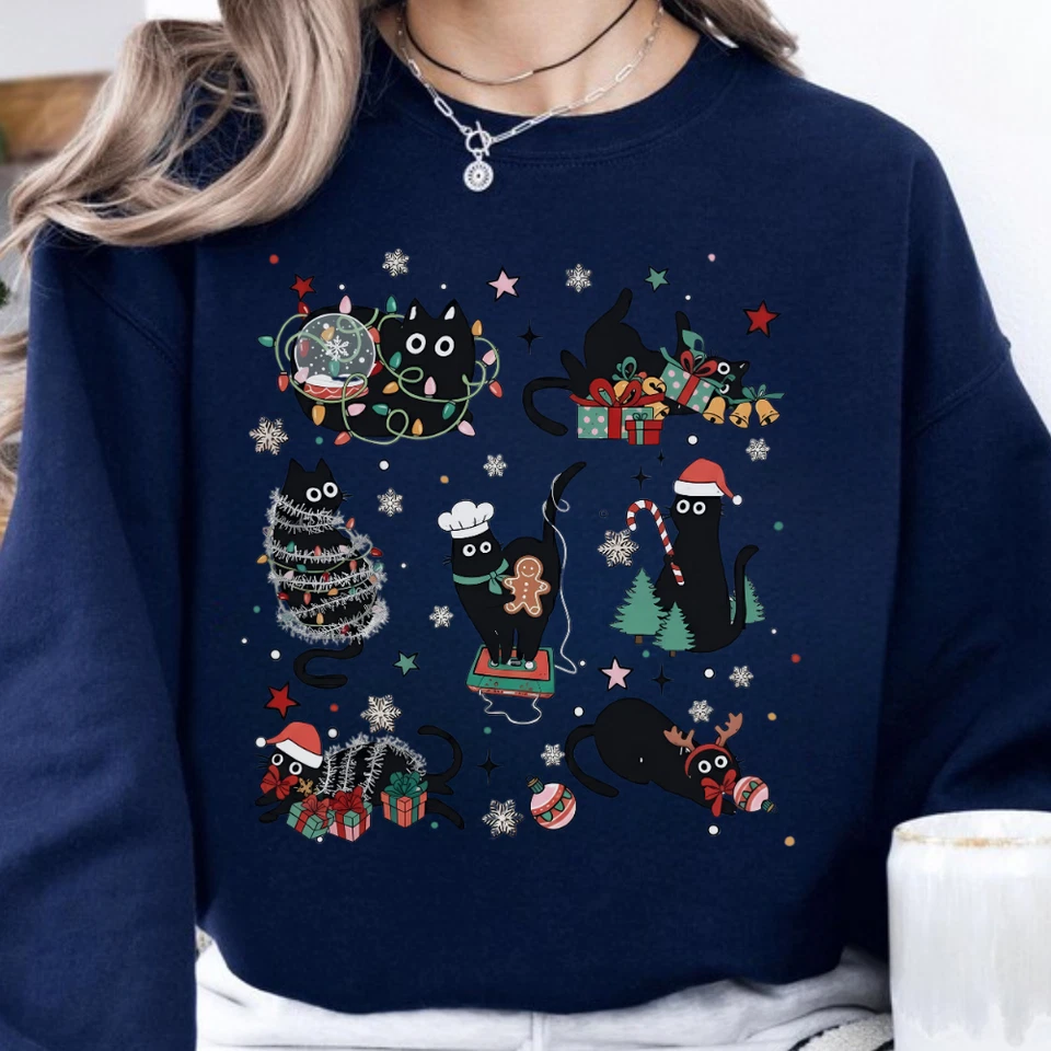 Смешной кот Рождественская футболка, милый праздник толстовка, праздничный любитель кошек подарок футболка - Изображение 2 из 4
